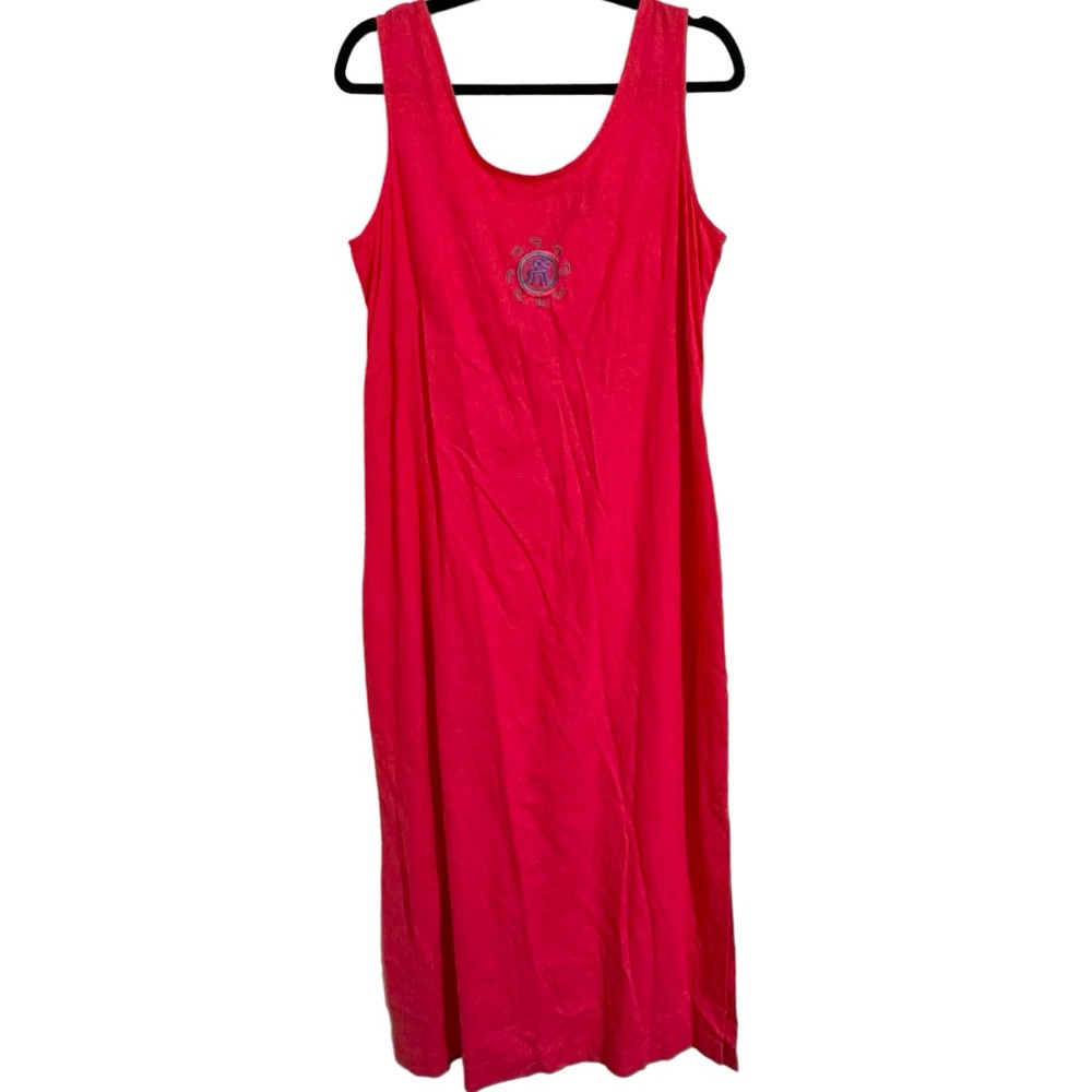 Vintage VIRGO II Pink Linen Blend Embroidered Sleeveless Midi Dress Boho Sz 14